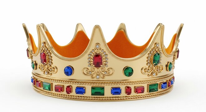 Golden royal crown decorated with colorful gemstones on white background