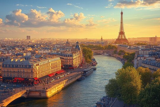 Golden sunset over Paris skyline with the Seine river, historic riverside buildings, bridge, leafy trees and the Eiffel Tower creating a peaceful romantic mood