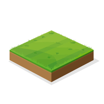 Isometric view of a patch of green grass and soil with a shadow on a white background