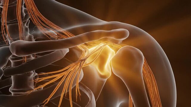 Anatomical 3D Rendering of Human Shoulder Joint with Nerves and Bones