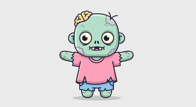 Cute cartoon zombie character with exposed brain and tattered clothes.