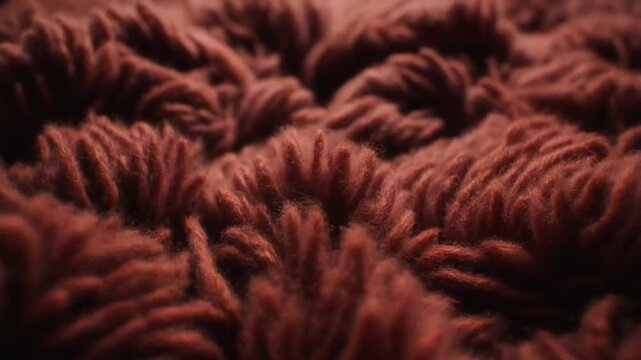 Cozy Textures: A Macro Pan of Deeply Textured Chunky Chenille Yarn Under Warm Lighting