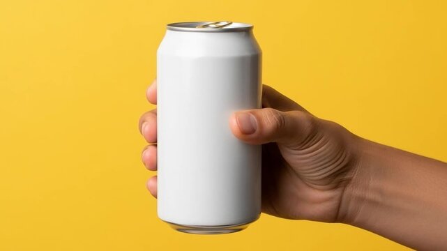 Hand holding a white beverage soda can on a yellow background