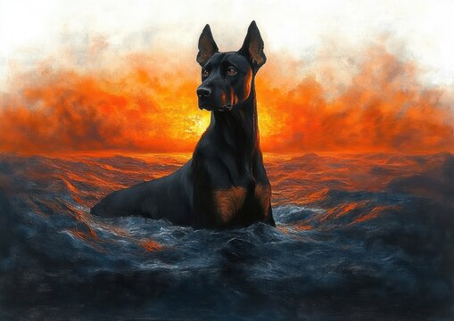 Stoic black and tan doberman standing in dark ocean waves at a fiery orange sunset, dramatic and vigilant mood