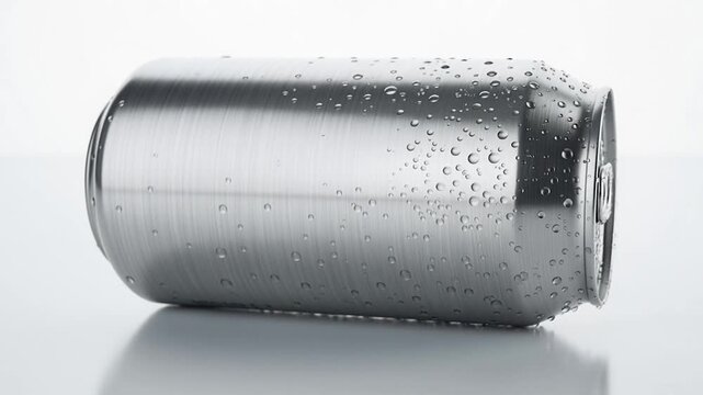 Closeup of a wet silver soda can on a white surface with water droplets