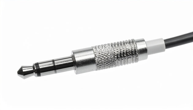 Close up of a silver 3.5mm TRS audio plug with textured grip on white background