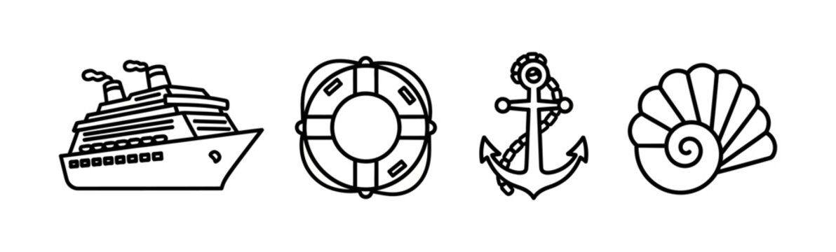 Set of elegant outline vector icons representing a cruise ship, lifebuoy, anchor, and seashell, ideal for maritime themes, holiday brochures, and ocean-inspired designs
