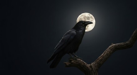 Obraz premium A black bird perches on a branch before the radiant full moon