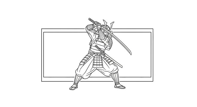 Samurai Warrior Drawing, Dynamic Pose, Japanese Warrior, Traditional Armor, Sword Fight