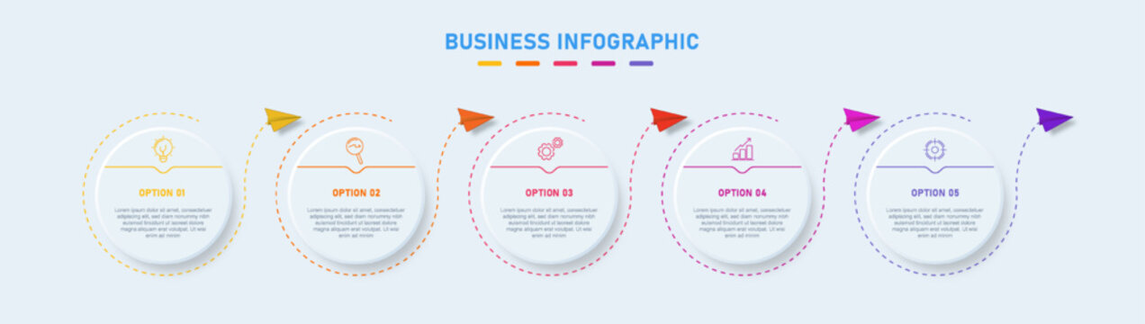 Modern business infographic template featuring 5 step circular dashed elements with arrow indicators. Clean minimal layout on light background