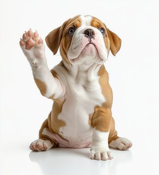 brown and white bulldog puppy sitting on white reflective surface with one paw raised, looking up with a curious, pleading and innocent expression