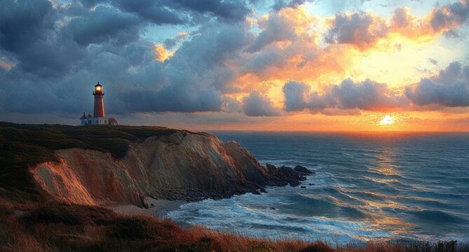 lighthouse standing on a rugged cliff overlooking crashing ocean waves at sunset with dramatic clouds, golden light and a peaceful, awe-inspiring atmosphere