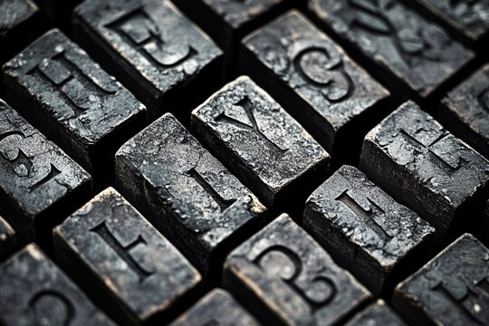 close-up of worn metal letterpress type blocks with textured raised letterforms and a nostalgic tactile vintage atmosphere