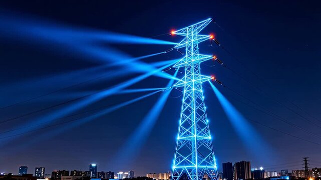 Electricity pylon at night with blue lights