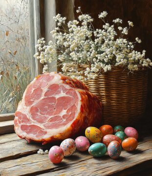 rustic still life of a sliced cured ham, colorful speckled easter eggs, wicker basket of tiny white flowers on a weathered windowsill bathed in warm peaceful morning light