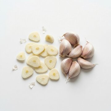 High-resolution image of fresh garlic cloves and thin slices arranged in a clean, minimal composition. Captured with soft studio lighting on a pure white background, highlighting natural texture and o