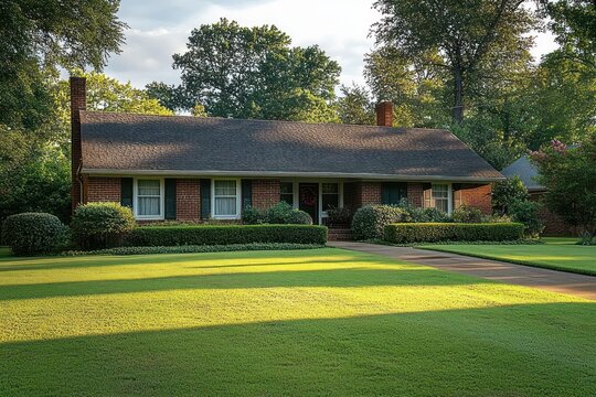well-maintained single-story brick ranch house with manicured front lawn, trimmed hedges and tall trees bathed in warm late afternoon light, peaceful and welcoming