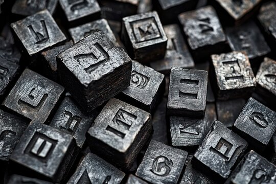 Close-up of scattered vintage metal letterpress type blocks with worn engraved characters and textured surfaces, stacked cubes and a moody nostalgic industrial feel