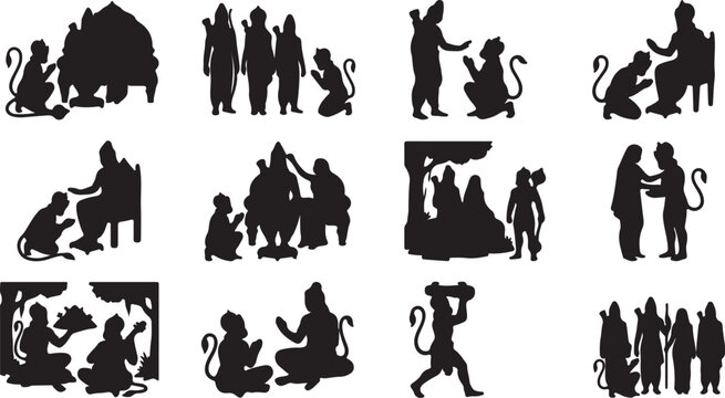 Hanuman Jayanti Silhouette Set of 12 Vector Icons Lord Hanuman Religious Hindu Festival