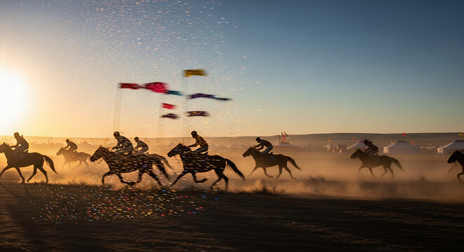 Vibrant Naadam Festival Illustration with Colorful Gradient Background and Decorative Glowing Light Particles for Mongolian Cultural Celebration Events