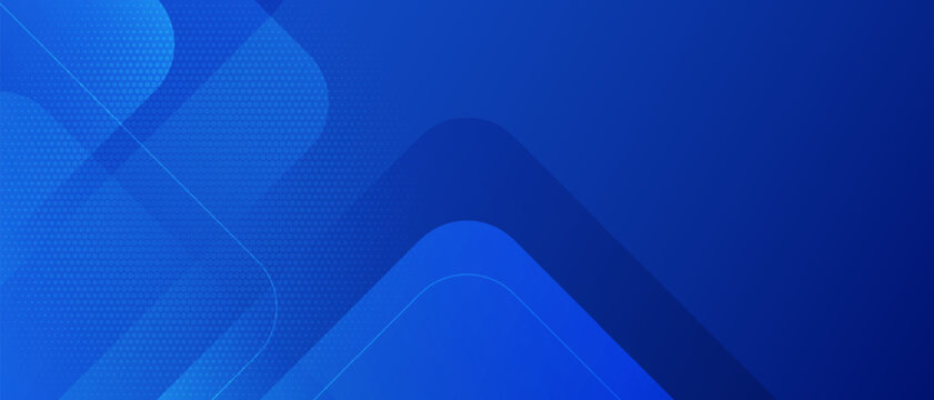 Abstract blue geometric background with curved overlapping shapes and halftone dot pattern, modern tech style for corporate banner and digital wallpaper.