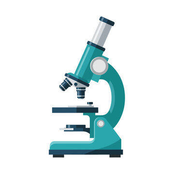 Flat design illustration of a teal and dark blue compound microscope on a white background