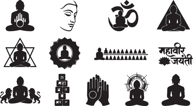 Mahavir Jayanti Silhouette Set of 12 Vector Icons Lord Mahavir Jain Religious Festival