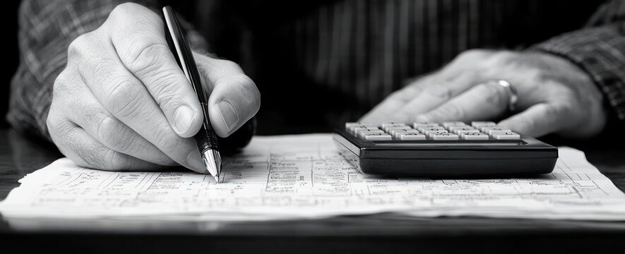 close-up of hands focused on calculating with pen and calculator over paperwork, conveying concentration and diligent financial planning