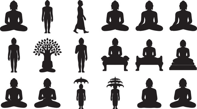 Mahavir Jayanti Silhouette Set of 12 Vector Icons Lord Mahavir Jain Religious Festival