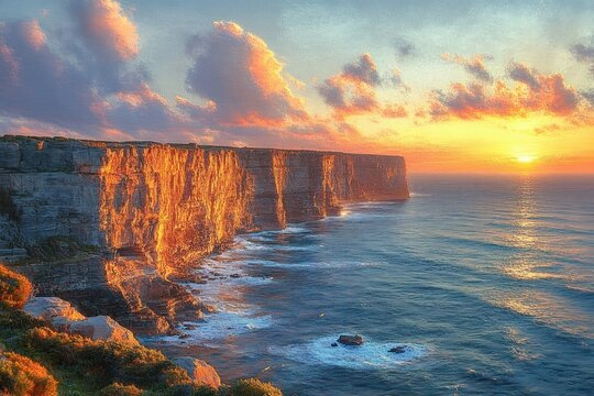 Majestic sea cliffs glowing with golden sunset light over the ocean, waves crashing against a rocky shore beneath a dramatic cloud-filled sky, serene and awe-inspiring