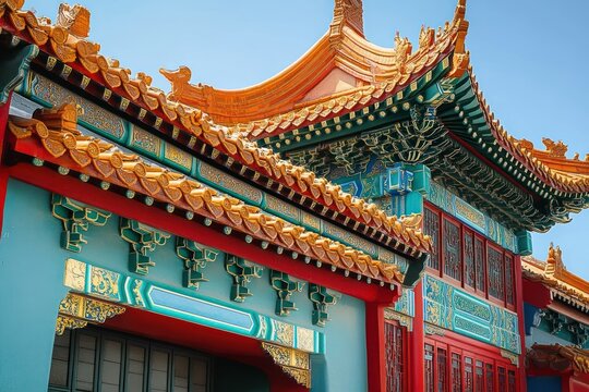 Majestic ornate traditional Chinese temple roofs with golden tiled eaves, red lacquer panels and turquoise decorative brackets beneath a clear blue sky