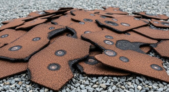 Textured Brown Building Material Fragments with Circular Patterns on Grey Gravel Surface