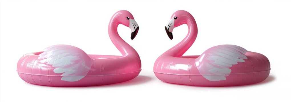 Two glossy pink flamingo inflatable pool floats with white wing patterns and black-tipped beaks facing each other on a white background, playful cheerful summer vibe