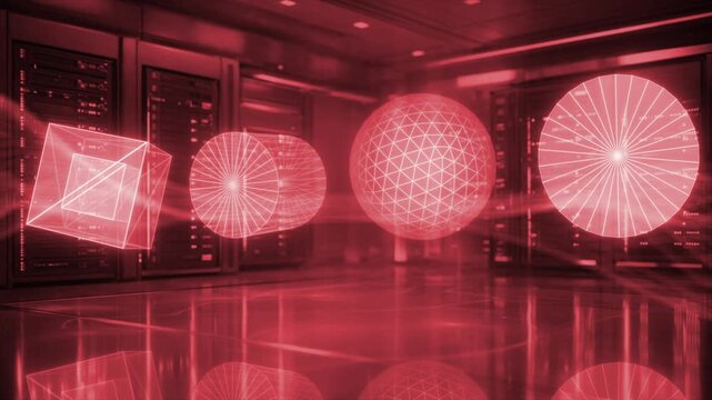 red color floating 3d objects with server racks data flow traffic on servers hi tech design loopable black technology 3D background