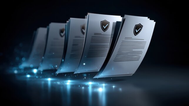Floating digital documents with shield icons symbolize secure data transfer and protection in a futuristic, tech-driven environment.