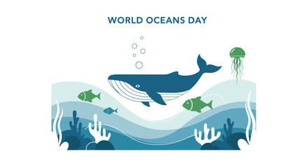 World Oceans Day illustration with whale, fish, and jellyfish © Janda