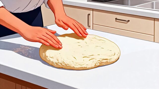 Person flattening dough on kitchen counter
