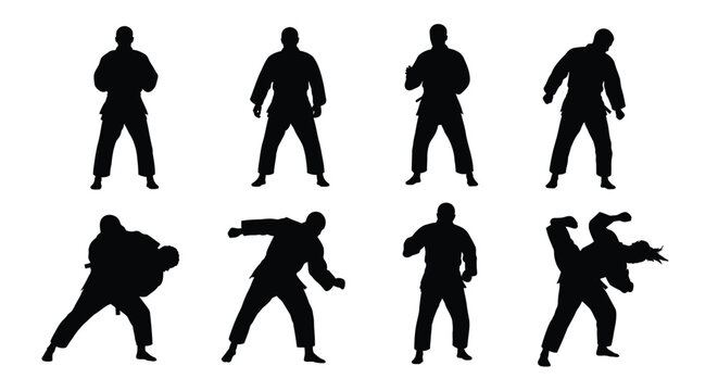 Martial artists in various poses demonstrate judo techniques silhouette