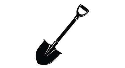 A black silhouette of a garden shovel against a white background © Bismillahadobe