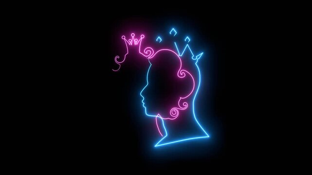 Queen and king. Happy valentines day and wedding design concept. Side view. Silhouettes of two heads. Neon glowing. Bonding relationship concept.
