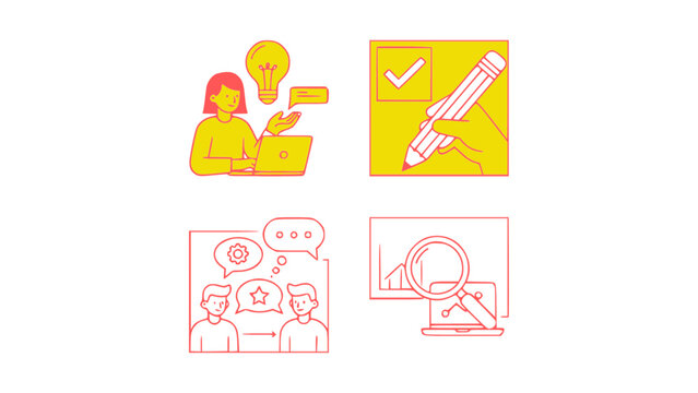Icons showing design process, creativity, and digital work.