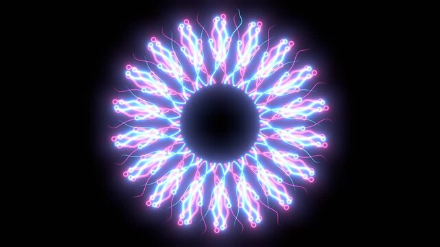Radial curves connected with dots in circle form. Fireworks explosion background. Abstract geometric star rays. Design element for medical, treatment, cosmetic emblem. Data science concept