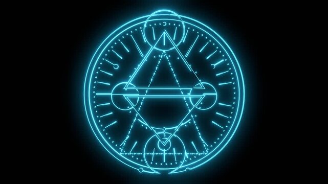 Neon glowing emblem. Mystical geometry symbol. Linear alchemy, occult, philosophical sign.