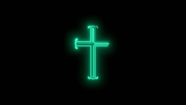 Decorated Christian cross. Religion concept. Holy cross pictogram. Neon glowing.