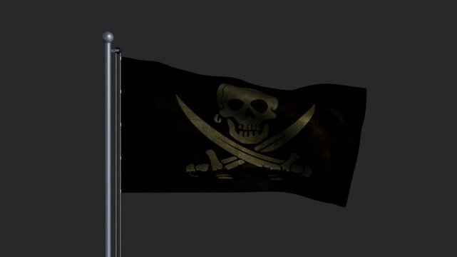 Worn flag with a skull and crossed swords on a flagpole, on the alpha channel