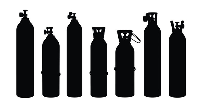 A collection of scuba tanks in a stark black silhouette