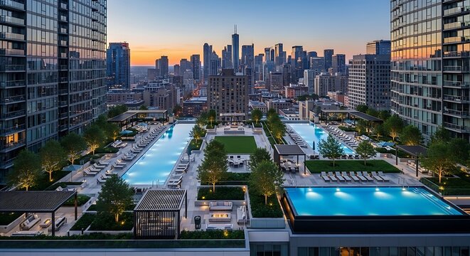 Luxury rooftop condominium complex with stunning city skyline views and expansive swimming pools at dusk