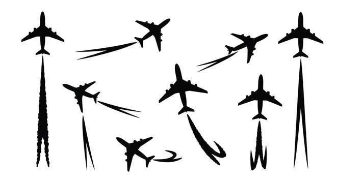 Multiple airplane silhouettes with contrails depicting flight and travel