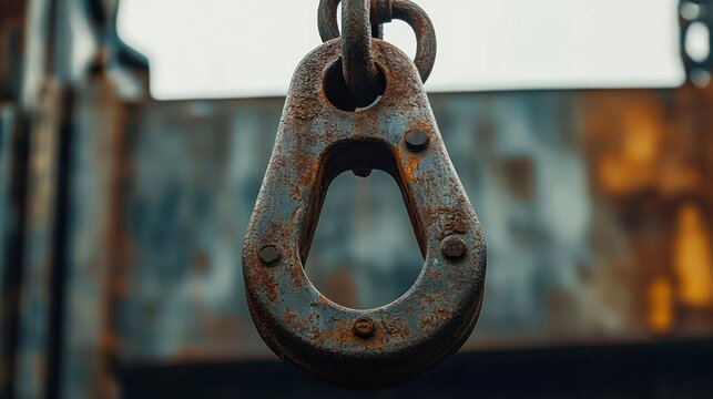 weathered rusted metal pulley hook hanging from chain in an industrial setting, aged and gritty