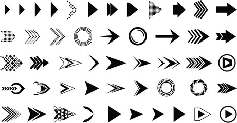 Fototapeta premium Set of Arrow Icons in Various Styles Including Play, Direction, Navigation, and Motion Symbols for UI Design, Interface Elements, and Digital Graphics